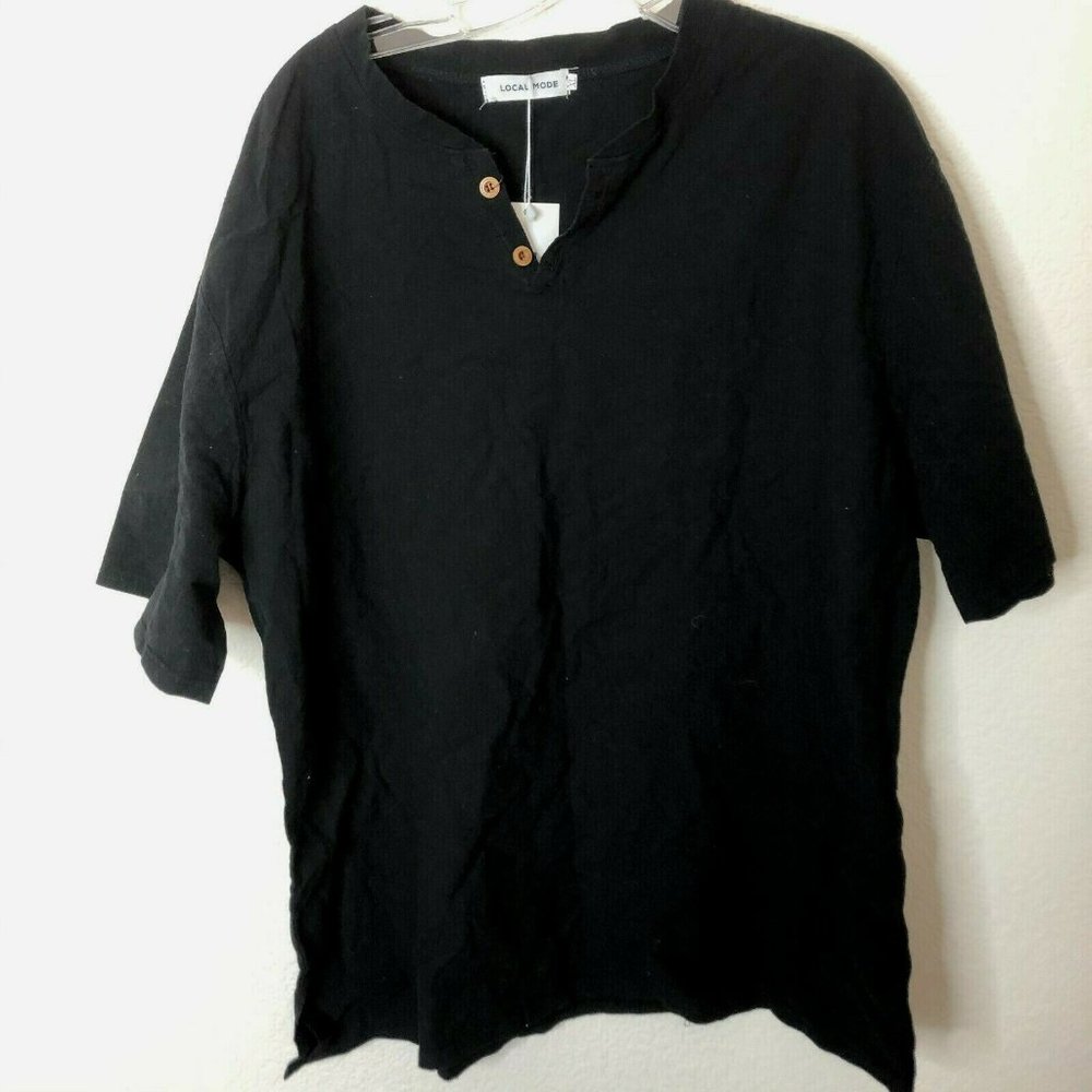 LOCALMODE Men Linen And Cotton V Neck Short Sleeve